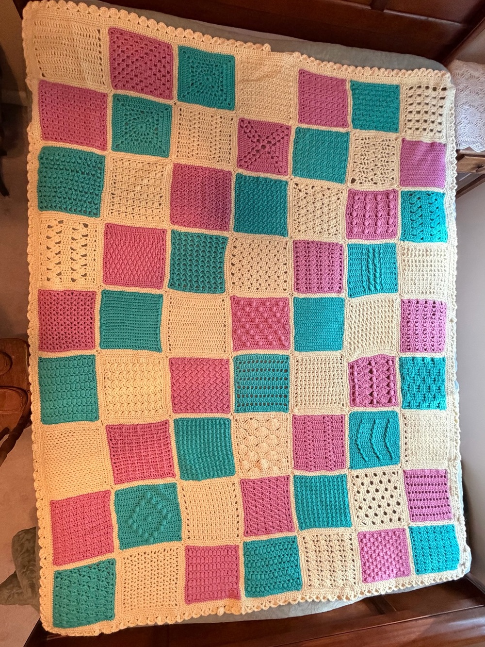 Hand Crochet Afghan Blanket Sampler Squares 58x74 Multi Stitch Grandmacore